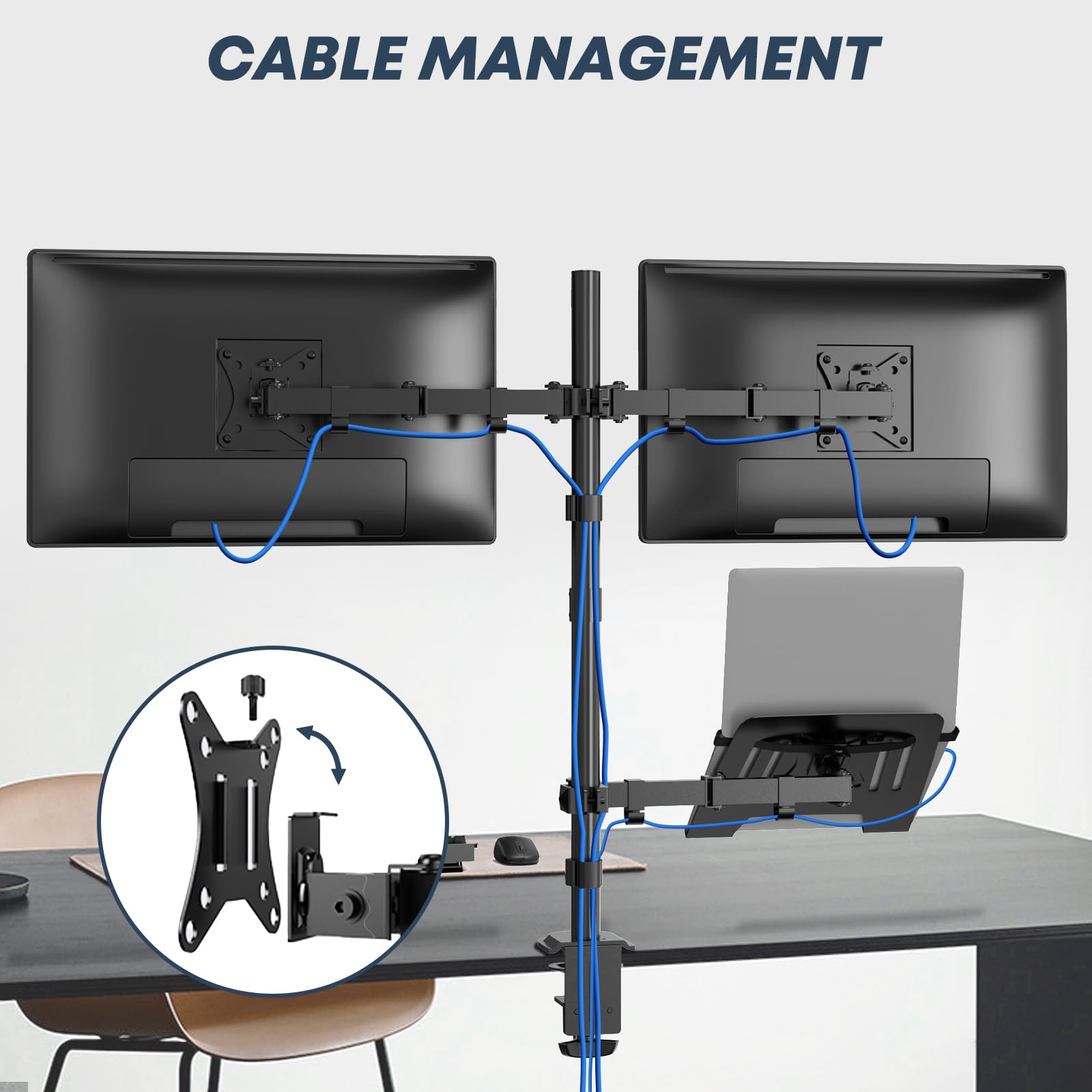WORLDLIFT Dual Monitor Halterung mit Laptop Ständer für Two 17-32 Zoll LCD LED Bildschirm and 10-15 Zoll Laptop,Extra hoher Verstellbarer Ständer,Max 9kg pro Arm,Vesa 75x75/100x100mm,Schwarz