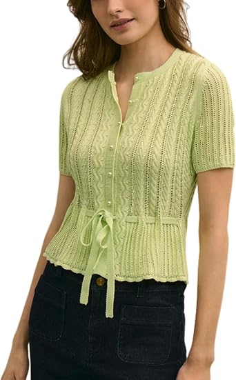 PUWEI Womens Short Sleeve Peplum Cardigan Button Front Tie Waist Ruffle Hem Crochet Summer Casual Top