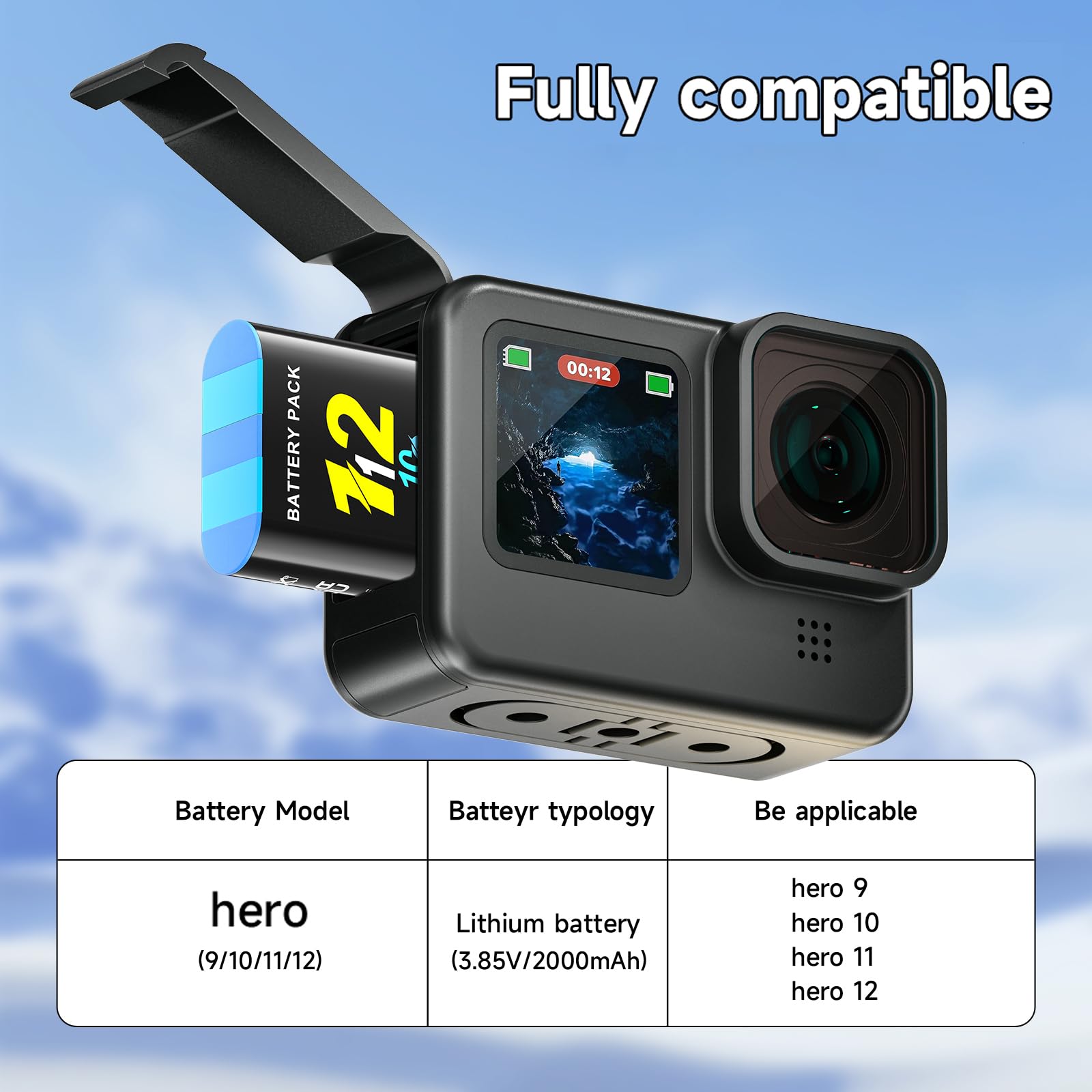 2000mAh Hero 12 Batería con Cargador para Hero 12/11/10/9 Black - Cargador de 3 Canales con Pantalla LCD, Ranura para Tarjeta TF, Apta para Baja Temperatura (3*Batería +1* Cargador)