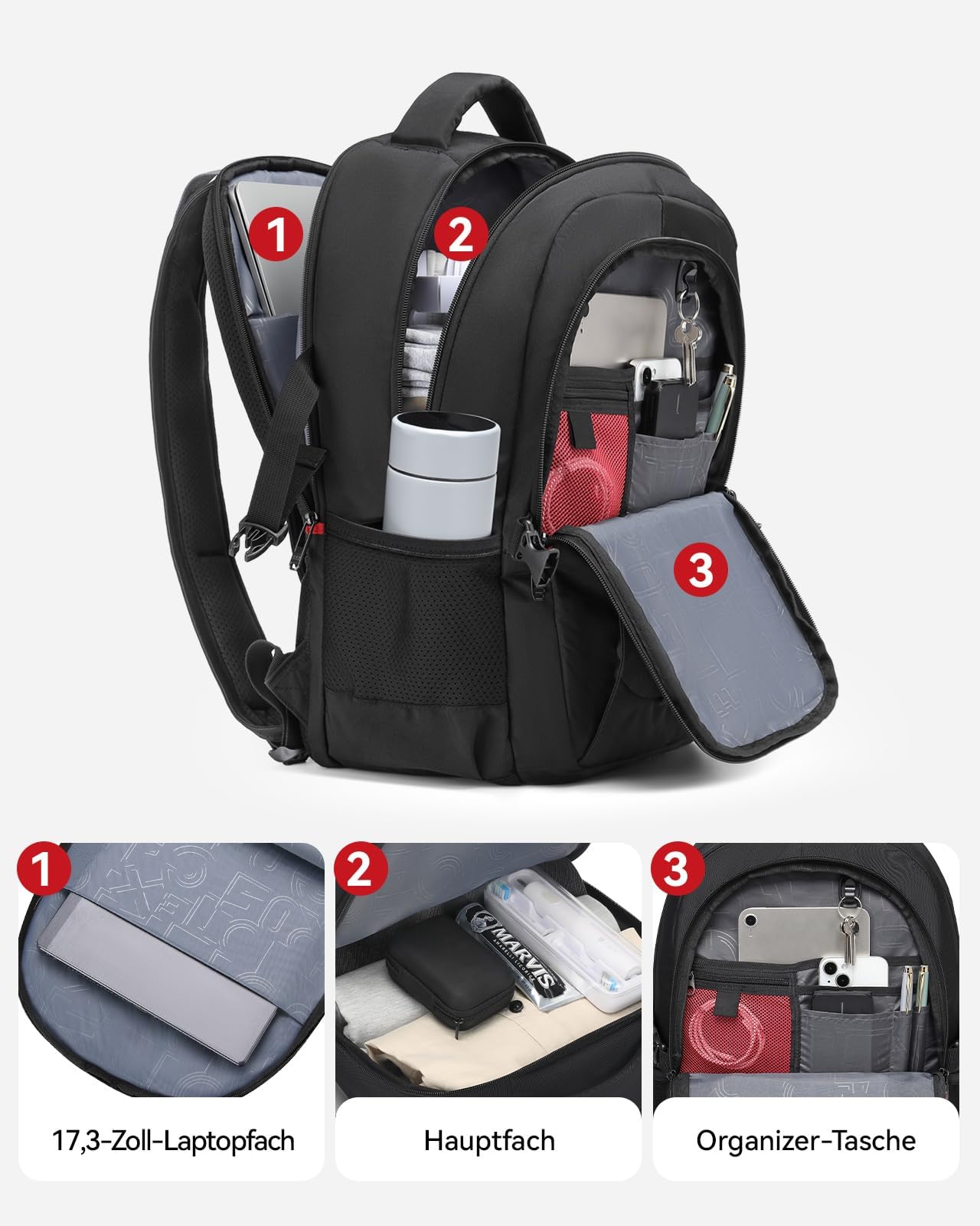 CROSSGEAR 17,3 Zoll Rucksack Herren mit Entlastenden Schultergurten, 30l Laptop Rucksack, Wasserdichter Laptoptasche mit YKK-Reißverschlüssen für Arbeit, Business, Reisen and Schule, Schwarz