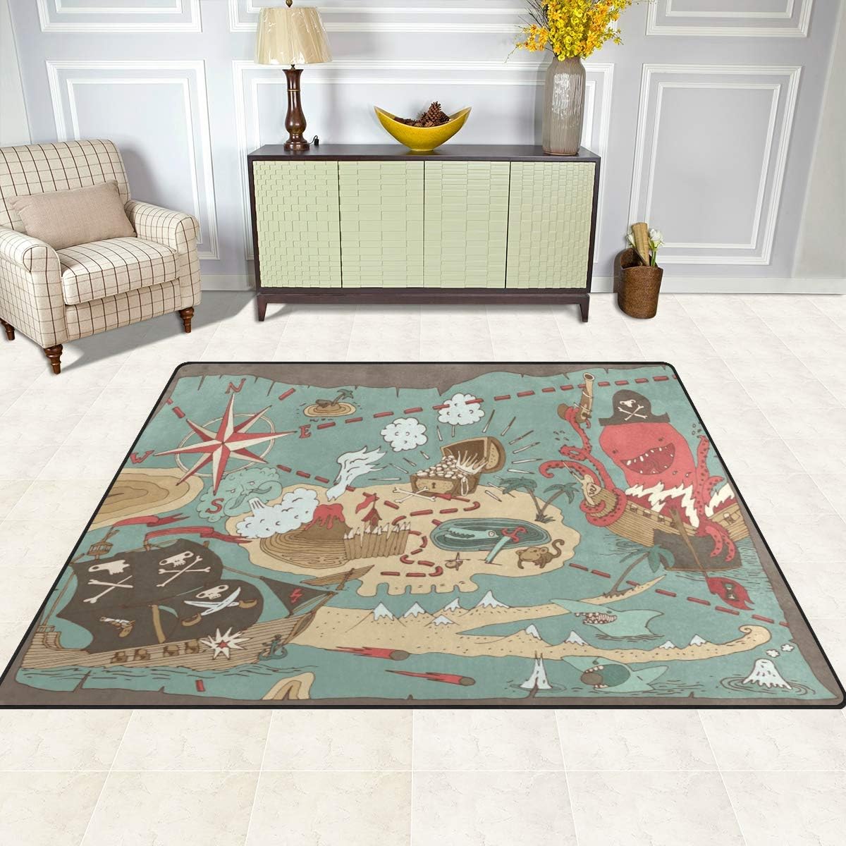 ALAZA Island Treasure Pirate Map Area Rugs Non-Slip Floor Mat for Living Room Bedroom Home Decor