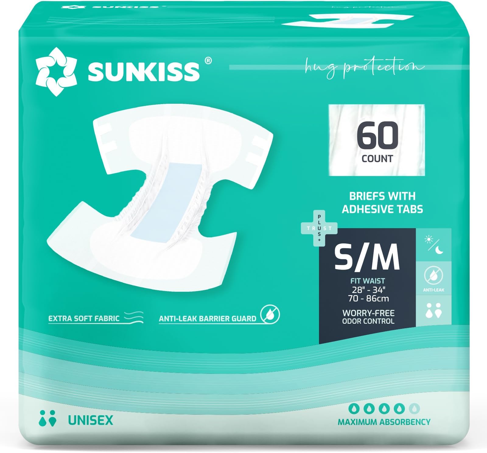 SUNKISS Adult Nappies with Maximum Absorbency, Disposable Adult Diapers for Men and Women, Odor Control, Comfortable, Small/Medium, 60 Count (4 Packs of 15)