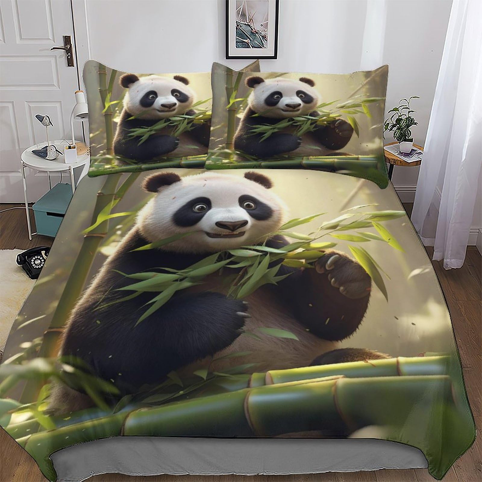 Housse de couette panda 3 pièces parure de lit 220x240 cm grand lit microfibre zippée