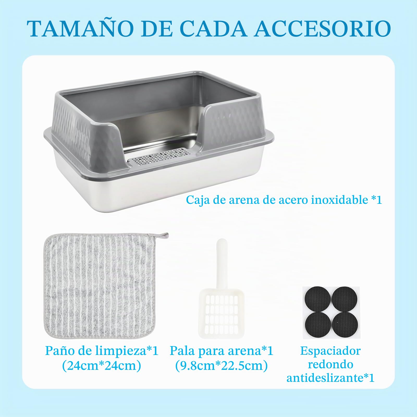 Arenero Acero Inoxidable Gatos, 50 x 35 x 20CM Arenero Gato Grande con Valla Desmontable eficaz contra Salpicaduras, Caja de Arena Gatos Abierta con Pala y paño de Limpieza Fácil de Limpiar, Gris