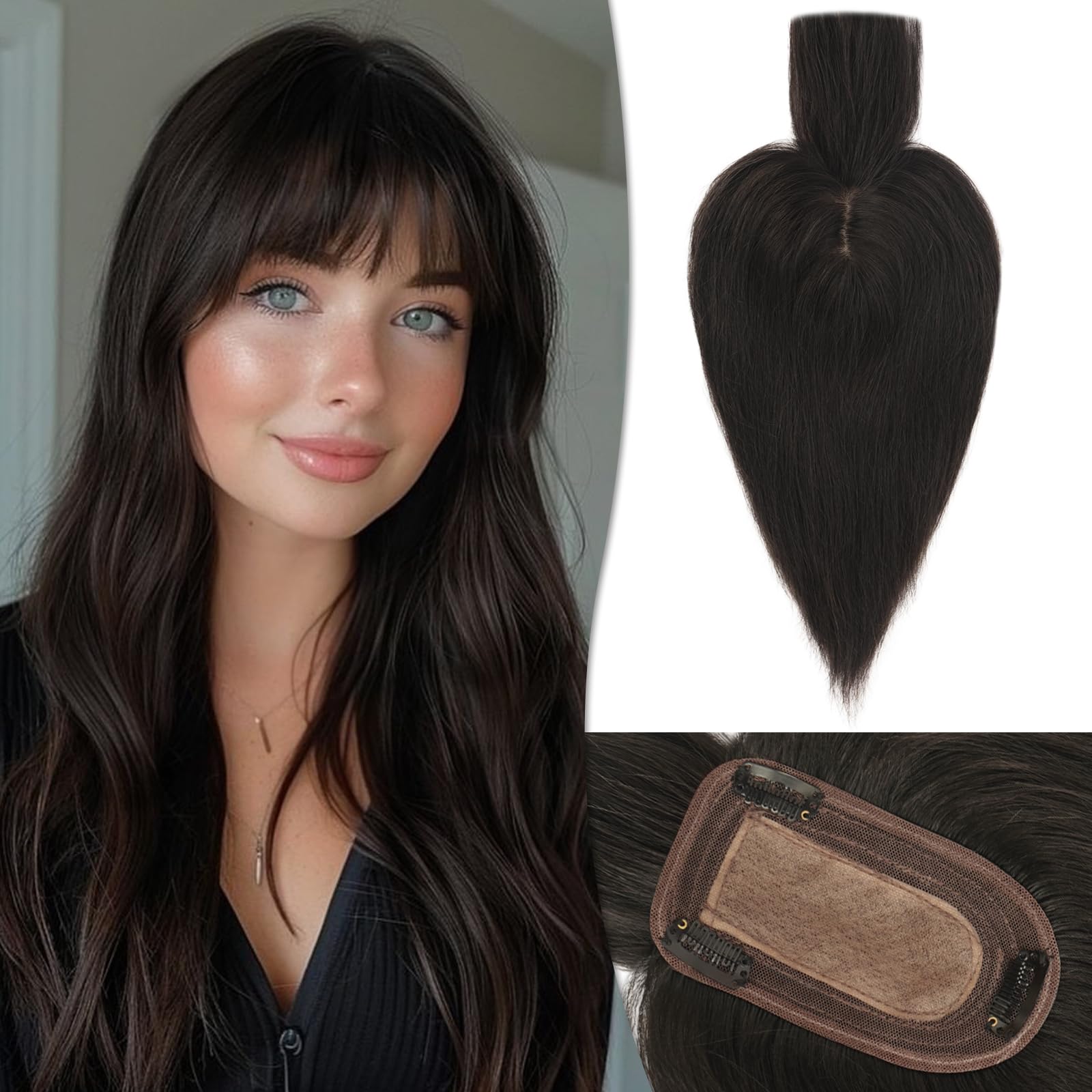 RUWISS Human Hair Topper with Bangs Crown Topper Hair Pieces for Women Short Wiglet Topper for Thinning Hair 7.5 * 13CM Silk Base 100% Real Human Hair Clip in Topper 14Inch 45g(Natural Black)