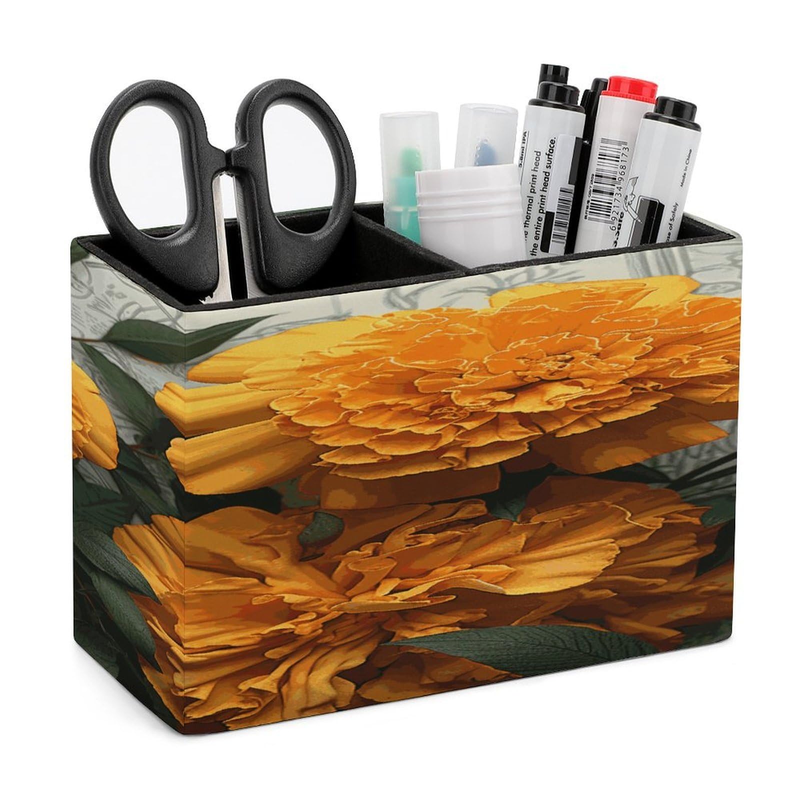 LDGSUPH Marigold Leather Pen Holder for Desk Organizer Caddy Large Pencil Cup Multi-function Pencil Holder Makeup Brush Holders Pen Organizer for Home Office Storage Box