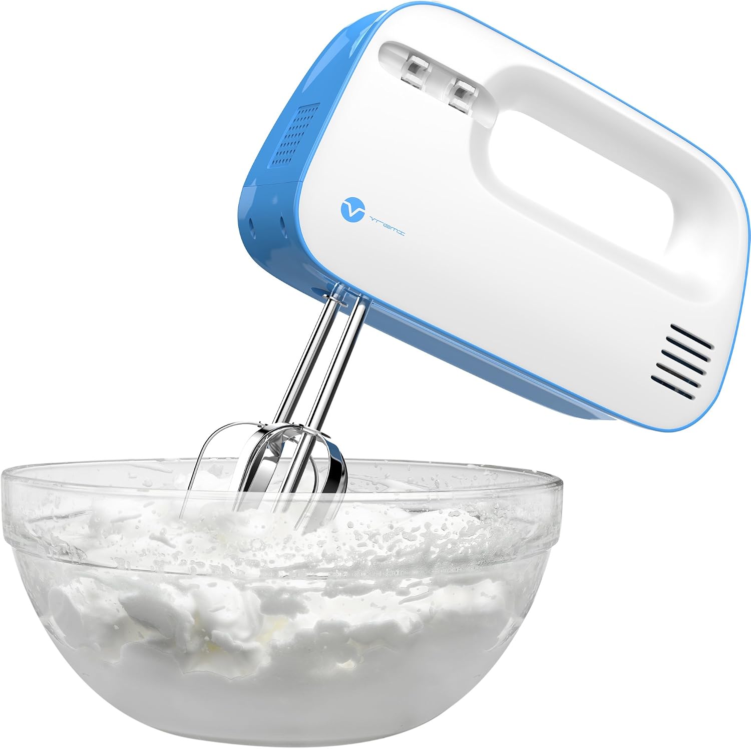 Vremi 3-Speed Compact Hand Mixer with Clever Built-In Beater Storage - 150 Watt Power Handheld Egg Beater with Stainless Steel Blades - Heavy Duty Mini Small Kitchen Mixing Machine - Blue and White
