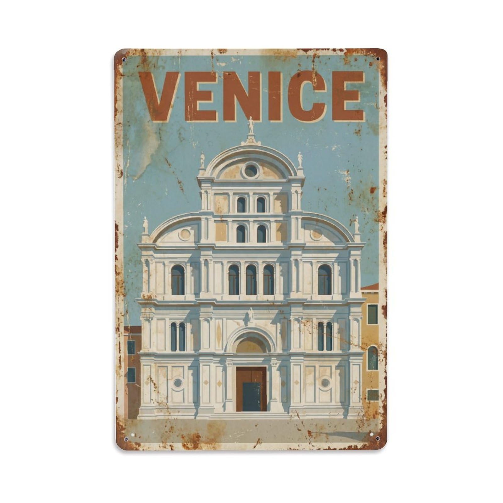 Vintage Travel Venice San Zaccaria Church Renaissance Facade Rusted Italy Metal Tin Sign Plaque Wall Decor for Cafe, Club Bar, Office, Home Garden Metal Poster 8x12Inch