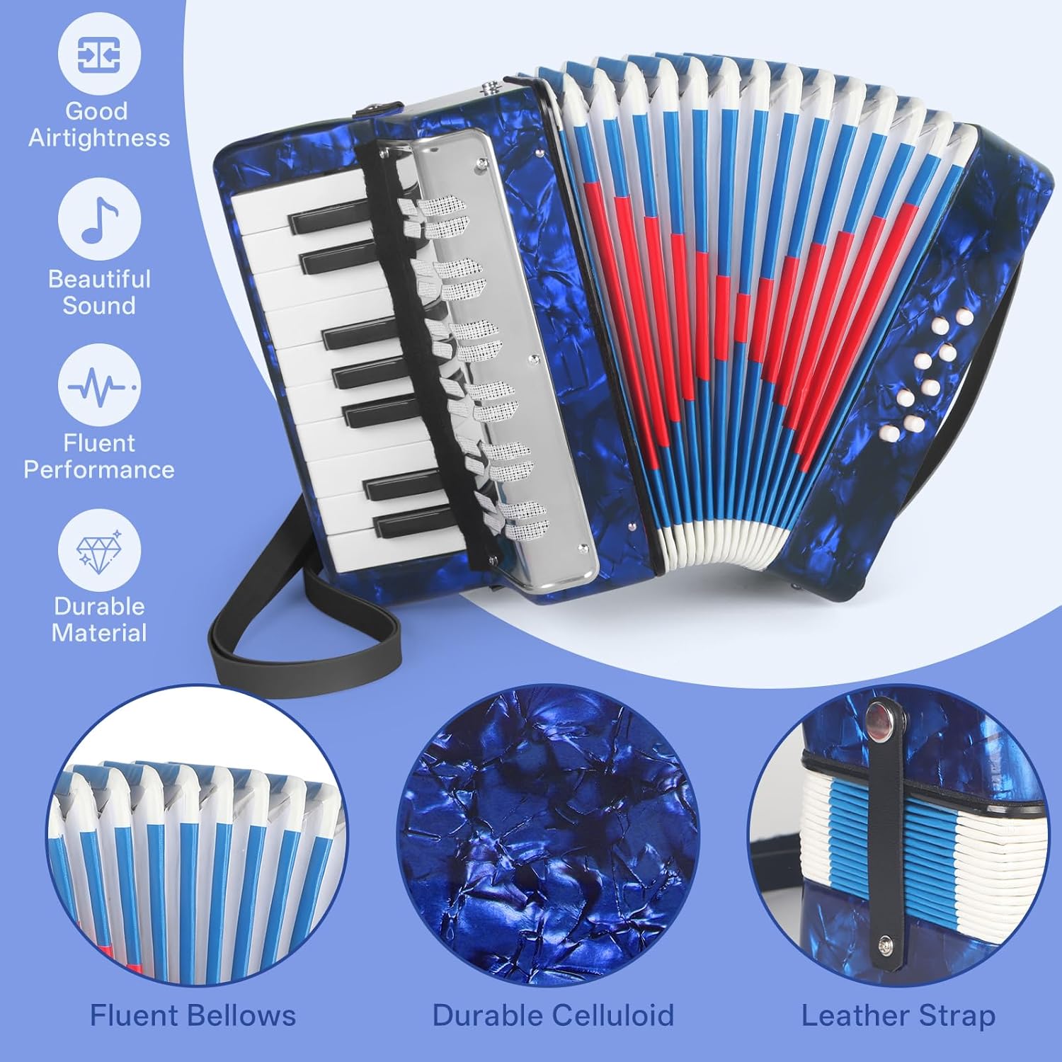 AKLOT 17 Key Piano Accordion, Lightweight & Compact Acordeon, Celluloid Accordions Brighter and Pure Tone than Plastic, Durable Metal Cover with Straps, Manual for Adult Beginners Acordeón (Blue)