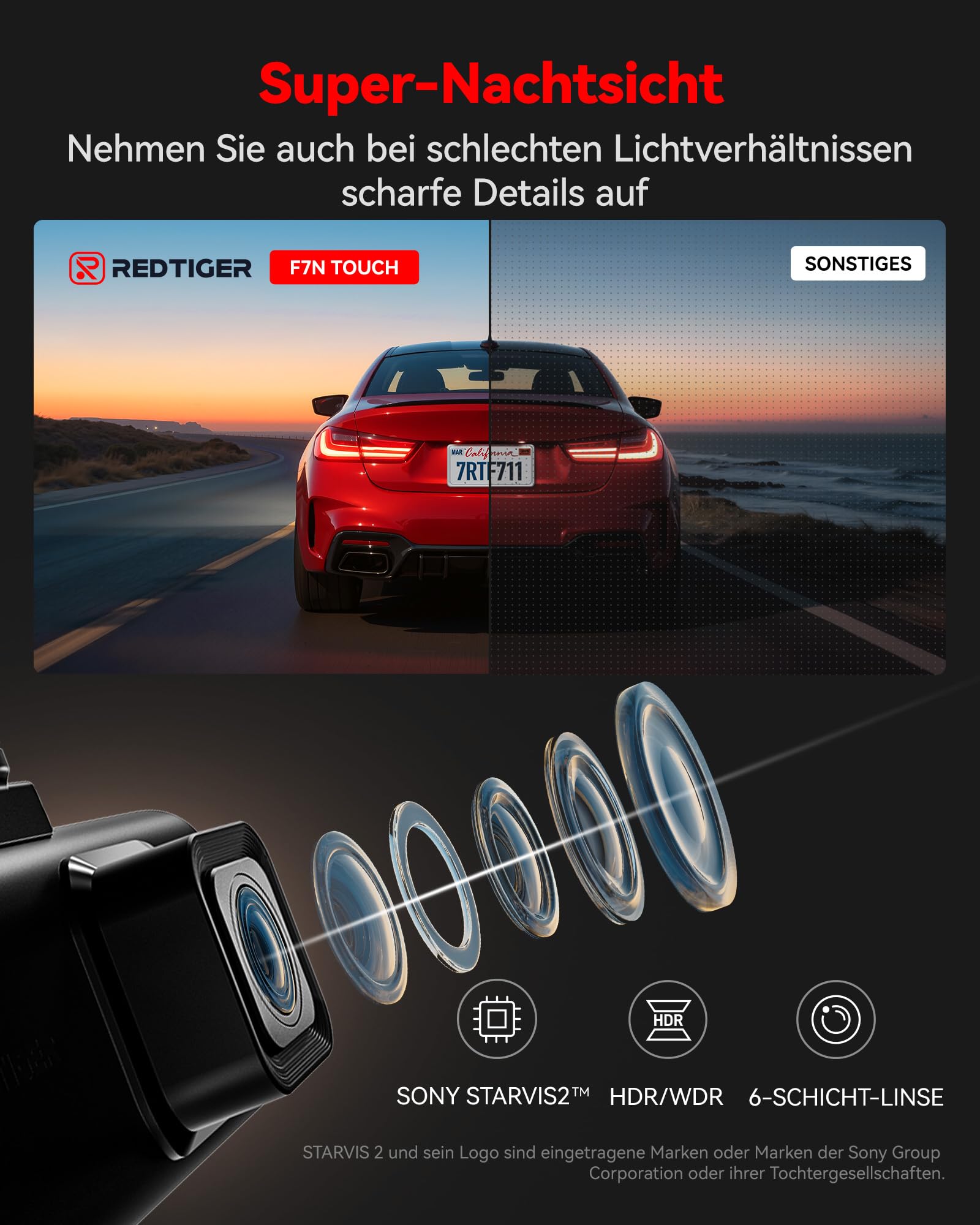 REDTIGER 4K STARVIS 2 Dashcam Auto Vorne Hinten Touchscreen 3.18 Zoll Sprachsteuerung WiFi 6 GPS 2160P UHD Nachtsicht Parkmonitor F7N Touch