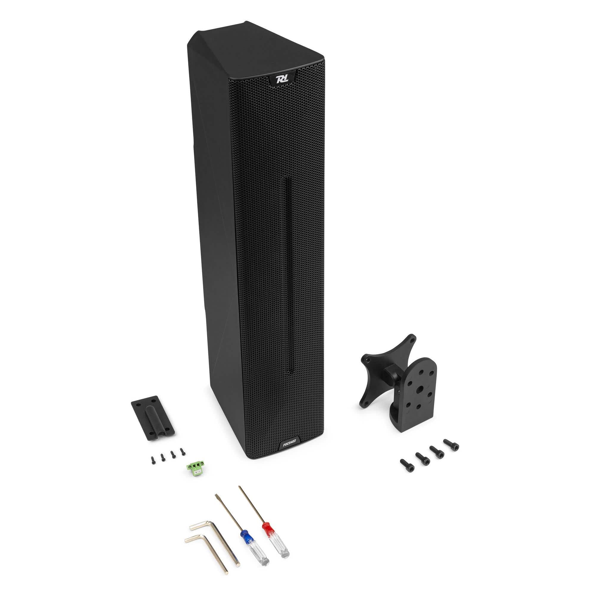 Power Dynamics PDCS403 - Altavoz Columna pasivo 260W IP44 para instalaciones Interiores y Exteriores, 4 woofers de 3” + 1 Tweeter de 1”, Carcasa ABS, Montaje Mural y Top-Hat para Soporte, Color Negro
