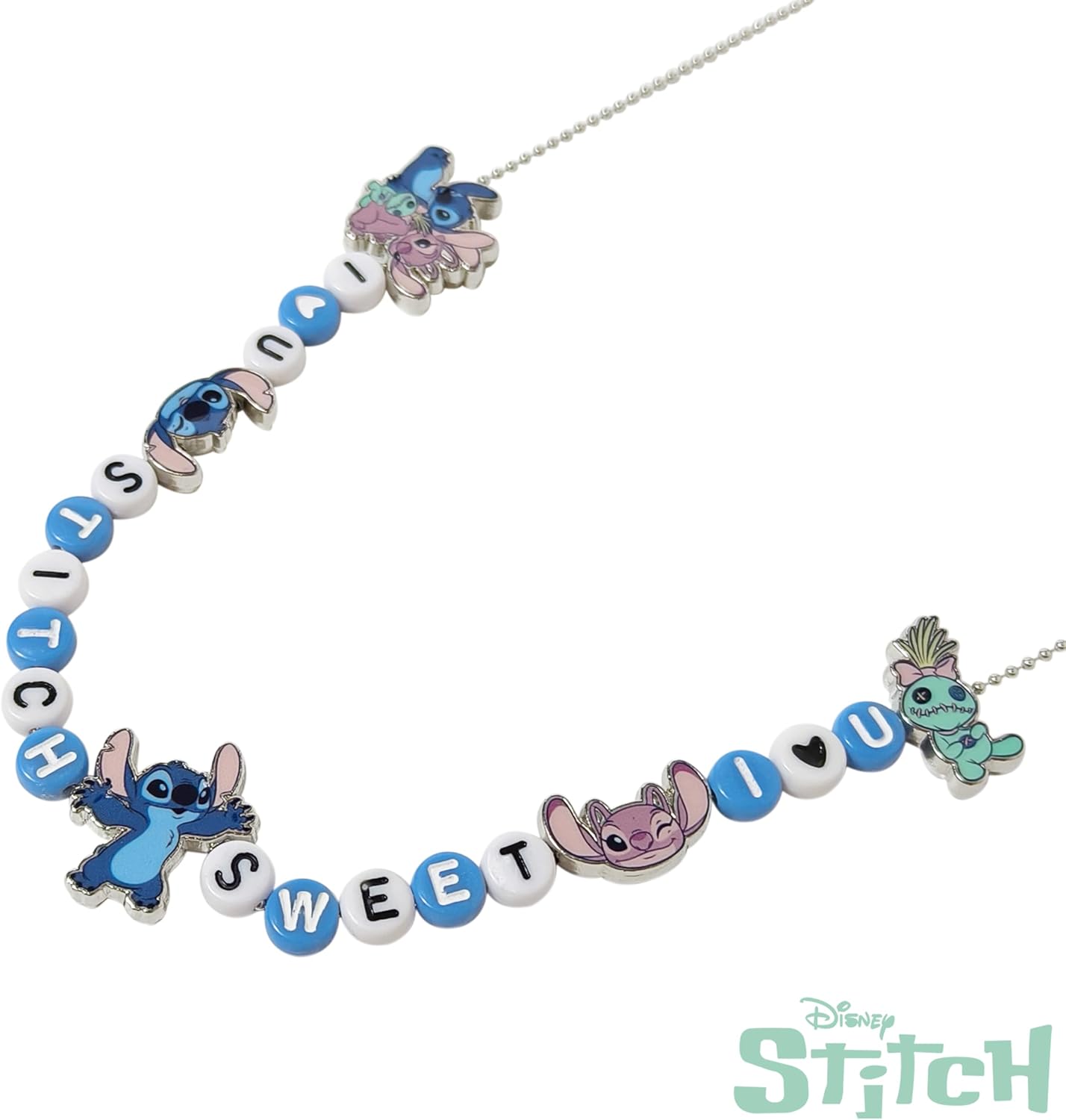 LUV HER Disney Stitch Charm Necklace Jewelry Making Kit, Includes 5 Charms & 66 Letter Beads, Disney Stitch Name Necklace for Kids, Ages 3+