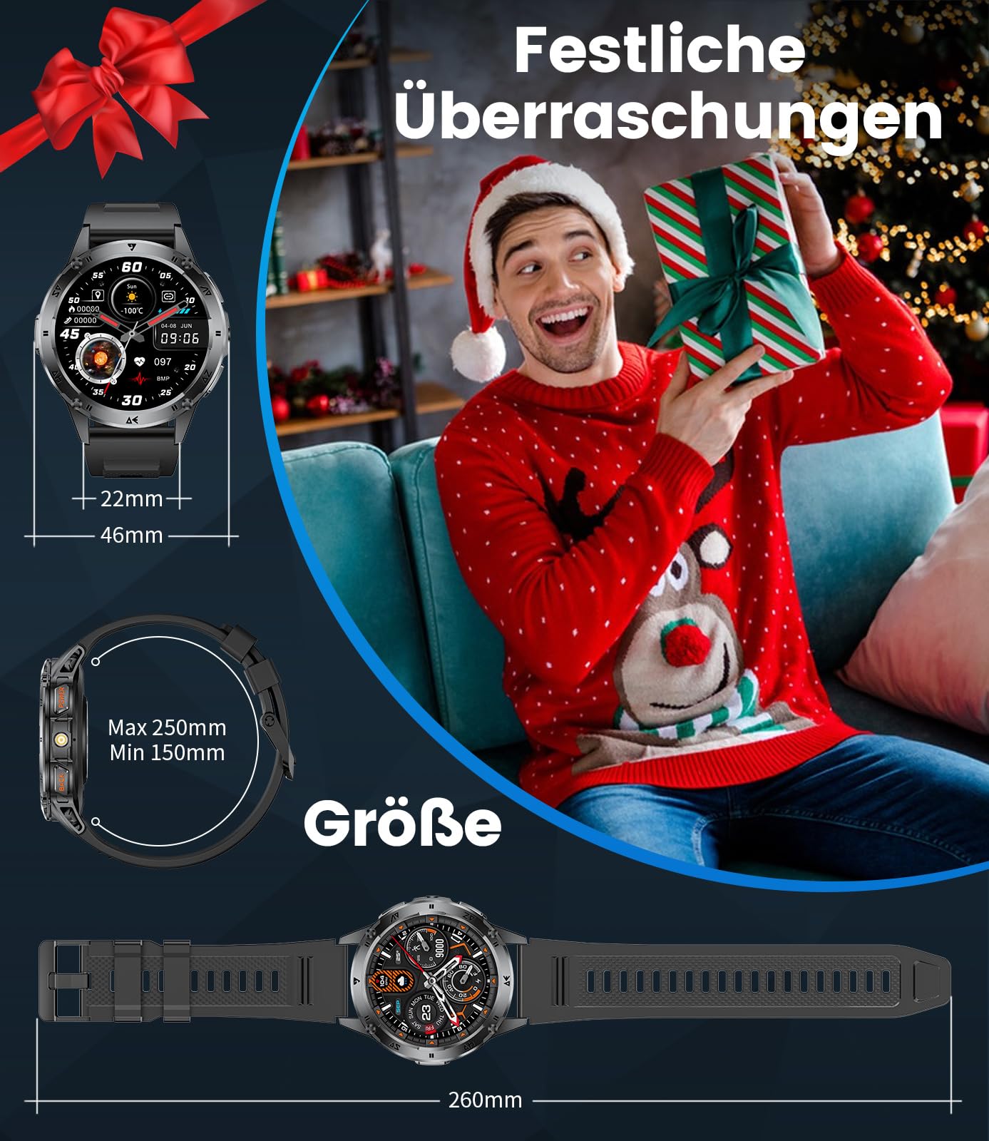 FITFLEX Smartwatch Herren Militär mit Telefonfunktion, 1,43'' AMOLED Smart Watch mit 530mAh Akku, Taschenlampe, Herzfrequenz, Schlafmonitor, 120+Sportmodi IP68 Wasserdicht Sportuhr für Android iOS
