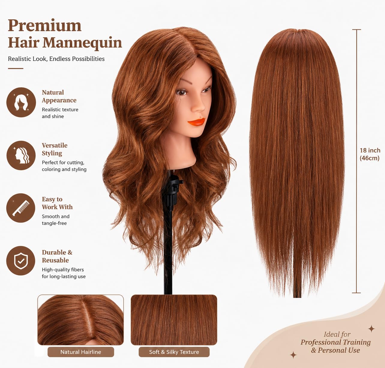Yofuly Friseur-Trainingskopf, 45,7 cm, 100 % Echthaar, Manikin-Kosmetologie-Puppenkopf zum Flechten und Haarstyling, Übungskopf mit Tischklemme + DIY-Zopf-Set (braun)