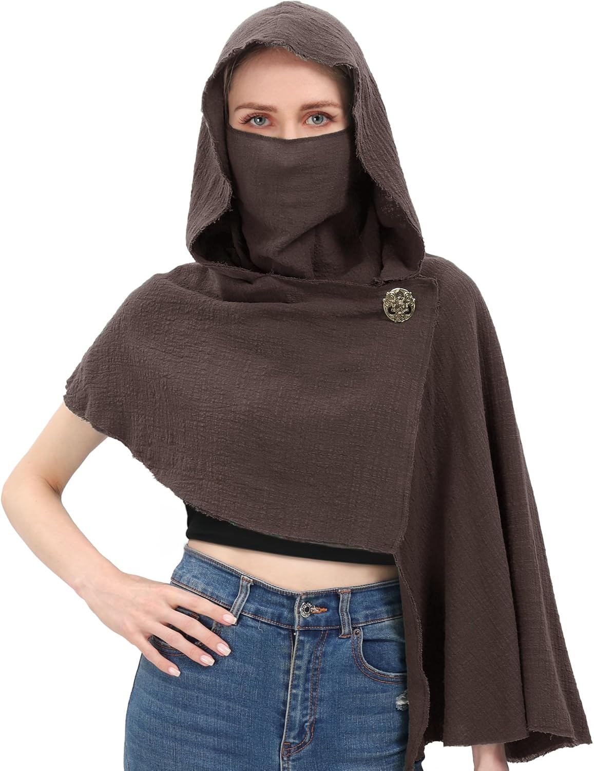 Medieval Hooded Cowl Renaissance Shawl Post Apocalyptic Scarf Cape Vintage Clothing with Brooch Cosplay Costume - Image 3