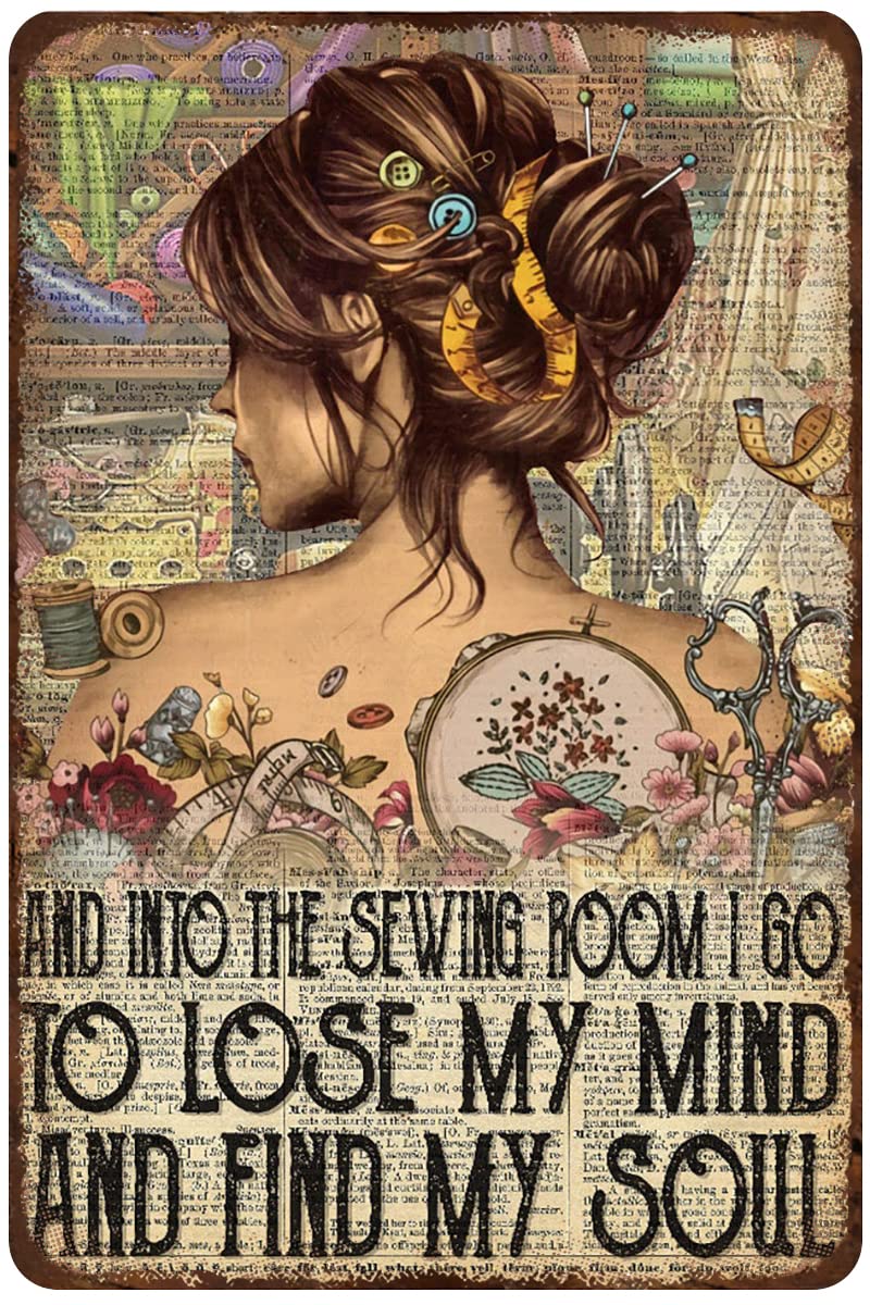 Metal Tin Sign Into Sewing Room Lose My Mind Find My Soul Poster, Vintage Sewing Lover Gift,Sewing Room Decor Novelty Sign Vintage Metal Tin Sign Home Wall Sign Plaque Poster 8x12inch