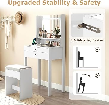 COSTWAY Small Dressing Table with Adjustable 3-Color LED Lights Mirror and Stool, 64cm Compact Bedroom Makeup Table Vanity Desk with Charging Station, Tempered Glass Top, Shelf & 2 Drawers (White)