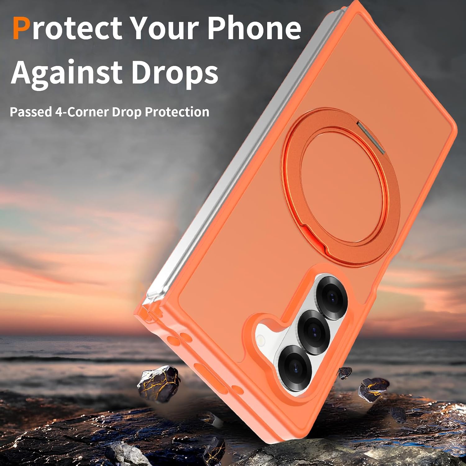 Magnetic Case for Samsung Galaxy Z Fold6, 360-Degree Rotating Stand, Soft-Touch Finish, Wireless Charging Support, Shock-Absorbing Protection (Orange)