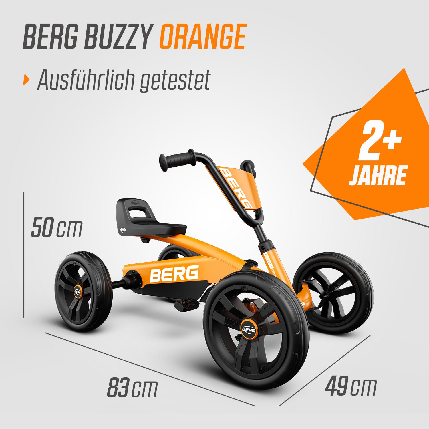 BERG Buzzy Kinder Go-Kart ab 2 Jahren, Tretfahrzeug Kettcar für Kleinkinder, Stabiles Kindergokart mit Flüsterreifen, Verstellbarer Sitz & Lenkrad (Orange)
