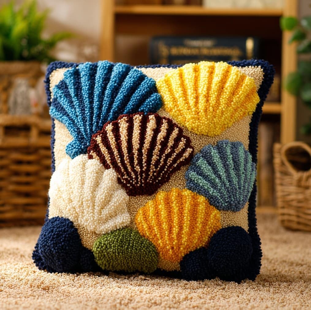 AxiangziK Latch Hook Pillow Kit 17x17in,Beach Seashells