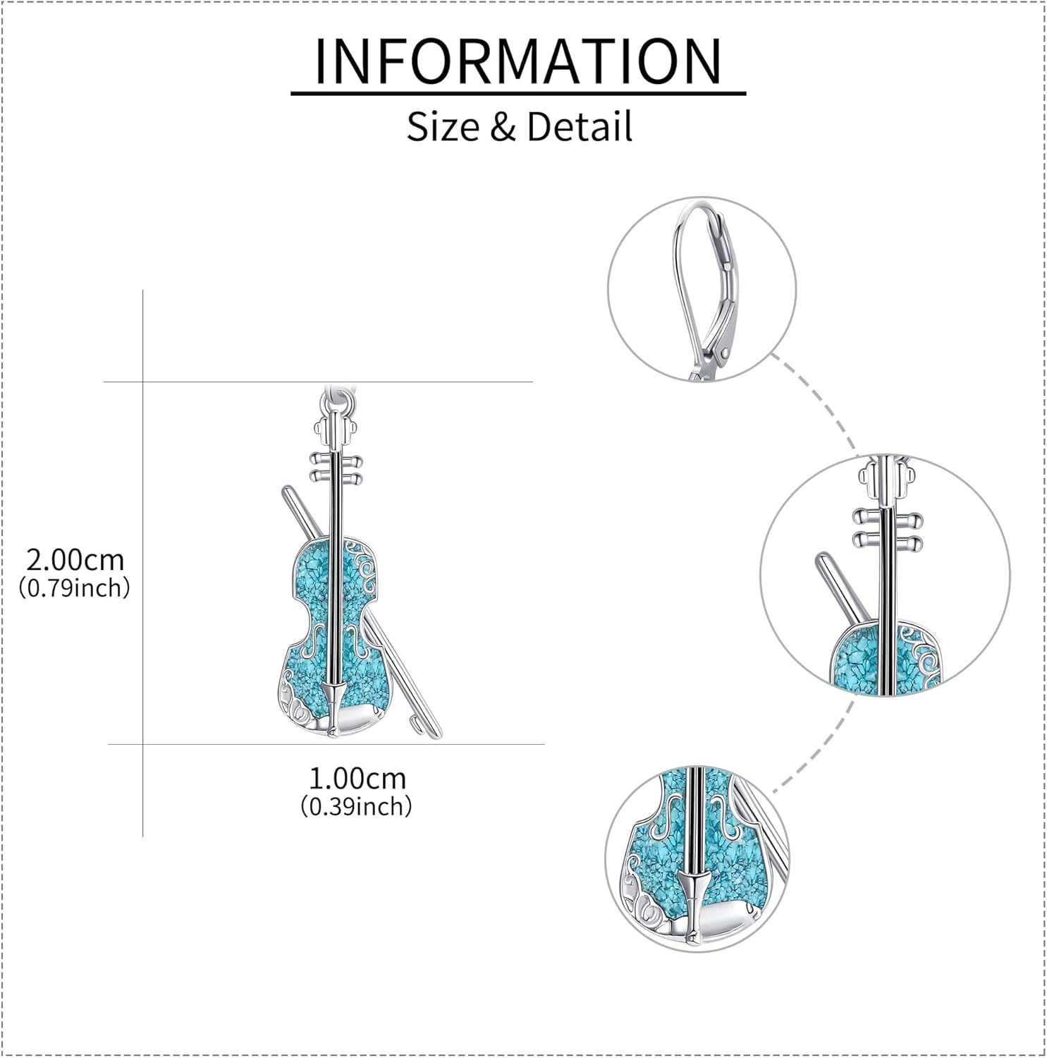 Violin Earrings Sterling Silver Turquoise Violin Dangle Music Jewelry Gifts for Women Music Lovers - Image 5