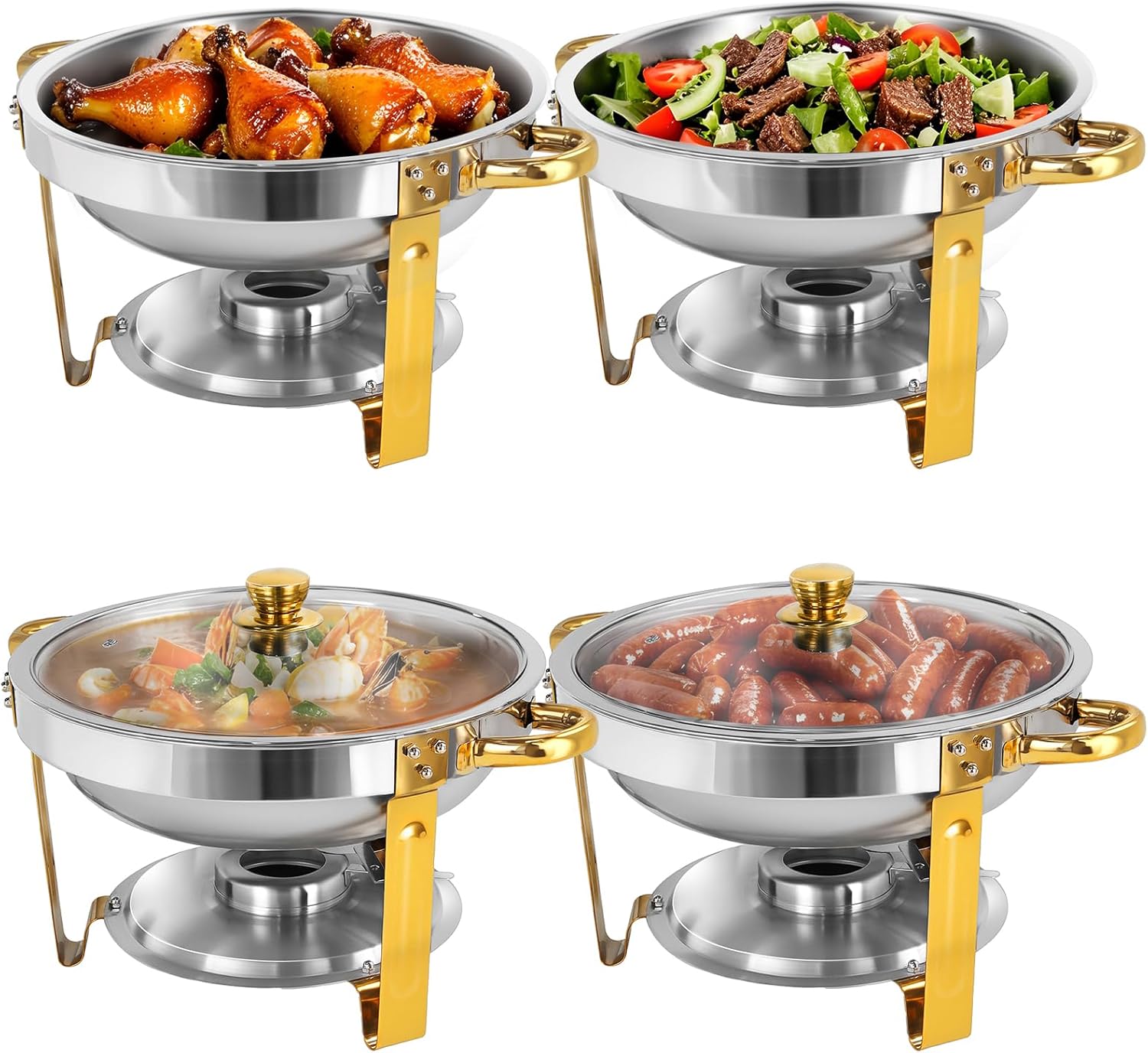 Gold Chafing Dish Buffet Set 2 Pack, 5 QT Round Food Servers and Warmers Stainless Steel Chafer with Glass Lid for Weddings, Parties, Banquets, and Catering