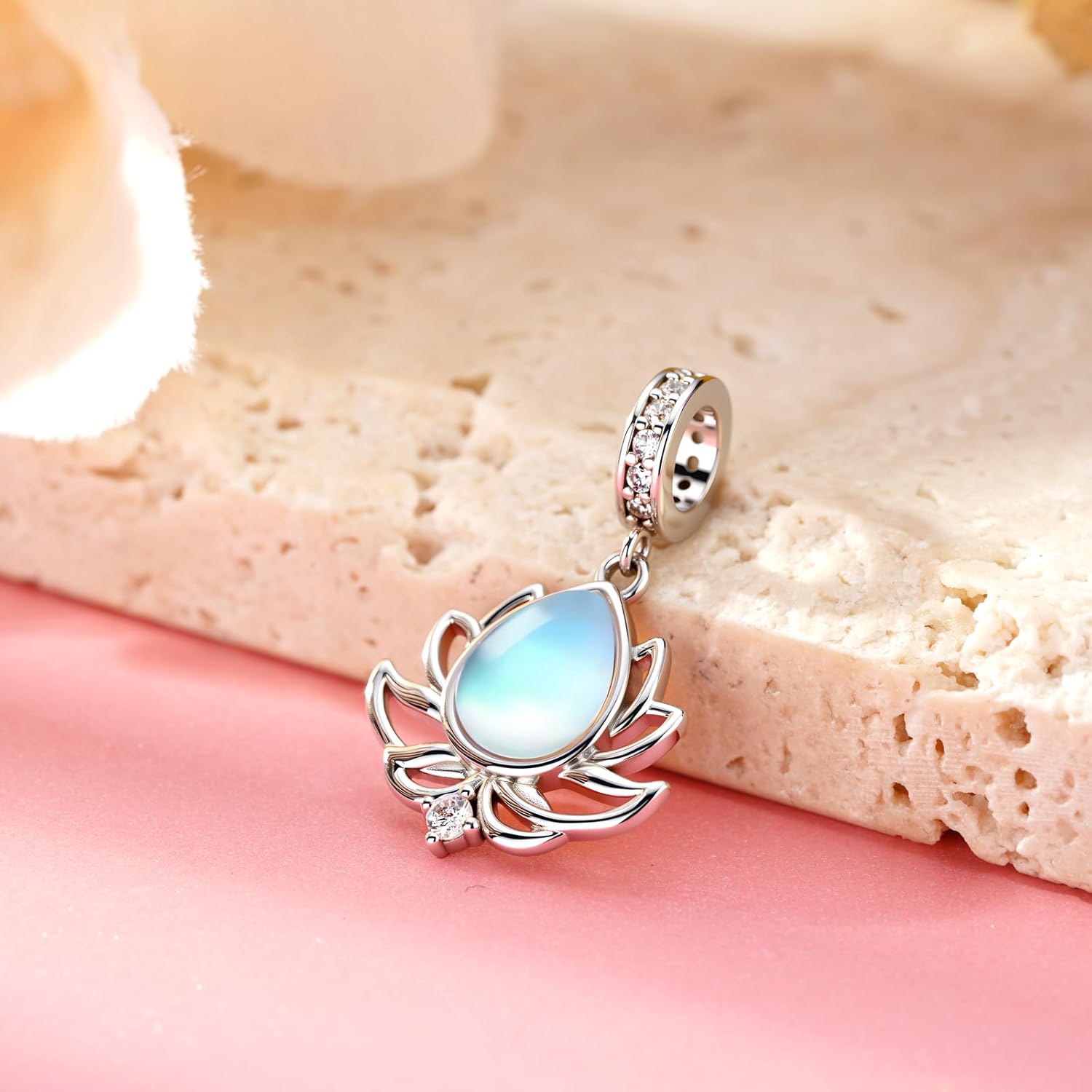 Moonstone Lotus Charm for Bracelets 925 Sterling Silver Moonstone Charms for Bracelets Lotus Decor Jewelry Gifts for Women