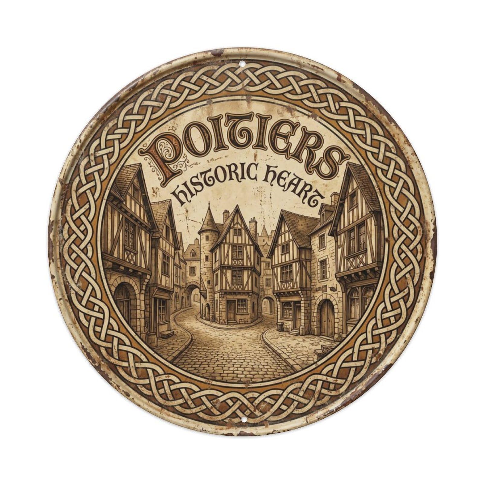 Fqcyn Style Vintage Travel Poitiers France Medieval Metal Tin Sign Plaque Wall Decor For Cafe, Club Bar, Office, Home Garden Round Metal Poster 8X8inch
