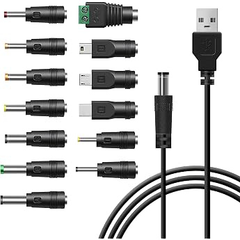 USB to DC Male Cable 13 in 1 USB A to Hollow Plug Charging Cable Universal Power Cable Adapter Cable Power Cable with 13 Plugs for Router Shaver TV Box LED Strips Philips Hue Hub etc