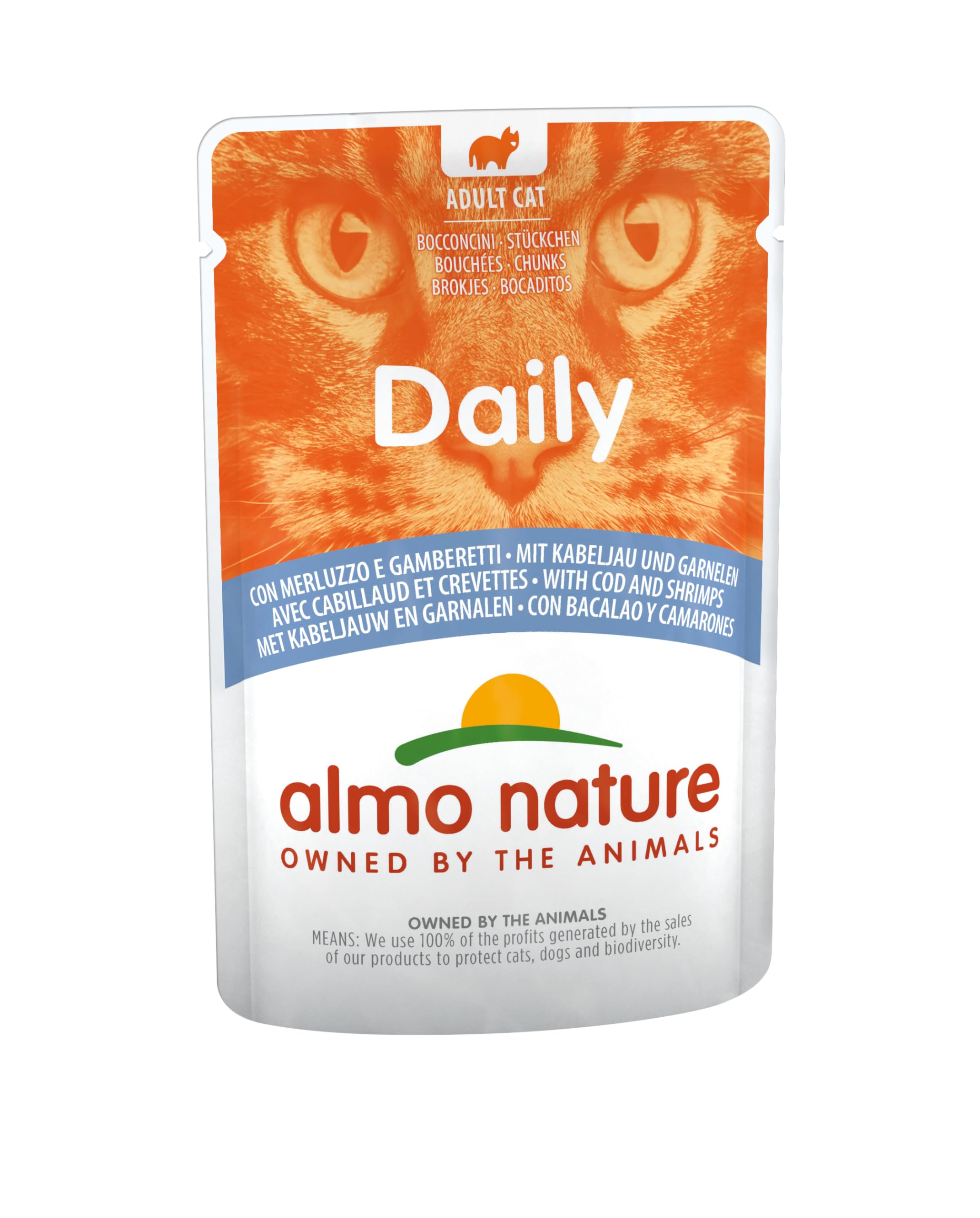 Almo Nature Daily Cibo Umido Completo per Gatti Adulti con Merluzzo e Gamberetti - 30 Bustine da 70G - 2500 g