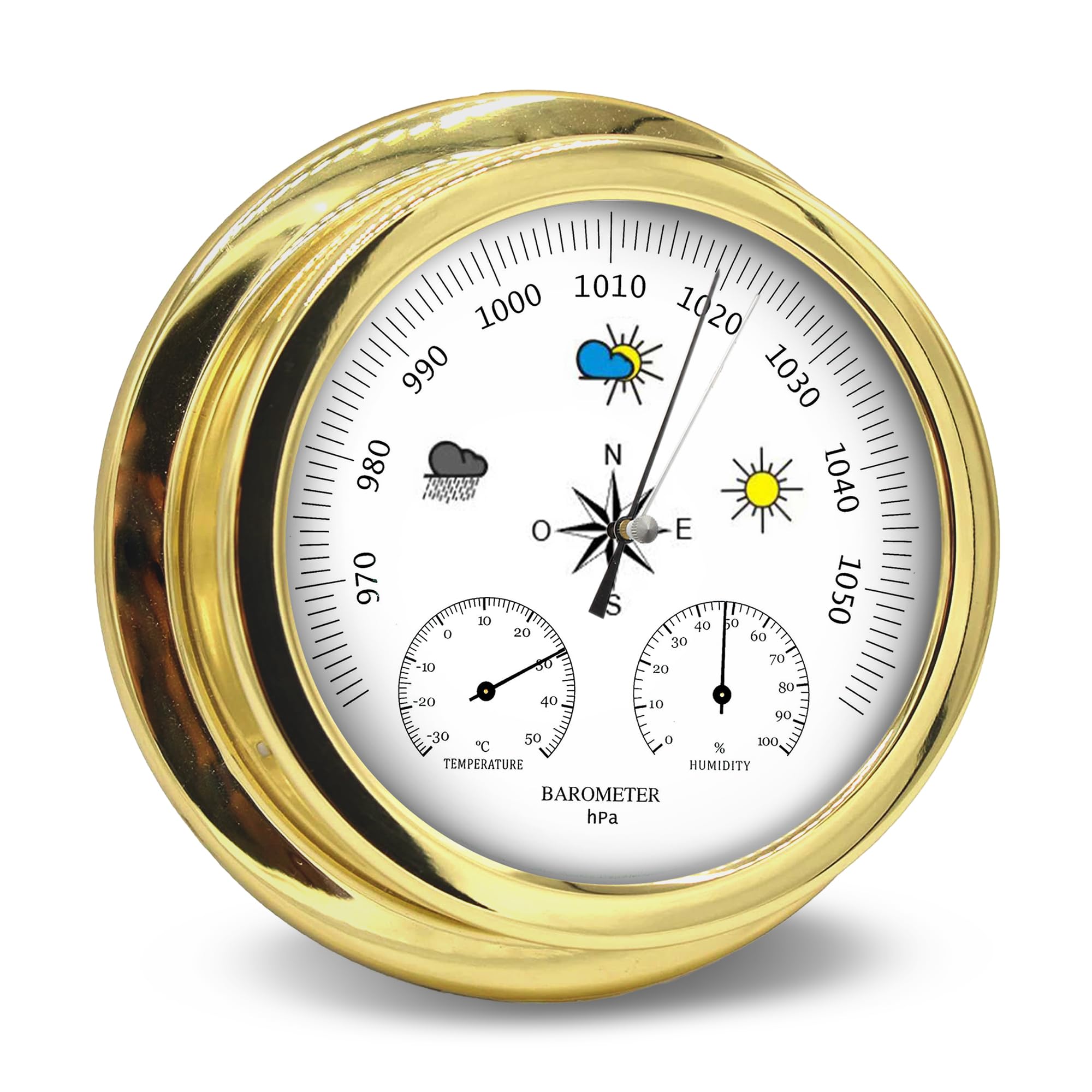 FISHTEC - Barometro meccanico 3 in 1 con termometro e igrometro - Telaio in metallo dorato Ø22,5 cm - Lettura pressione 961-1059 hPa - Elegante design vintage per soggiorno, ufficio o veranda