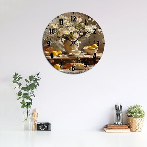 Miniatura 3 de Floral Still Life Wooden Wall Clock with Black Numerals for Kitchen Decor 25x25cm
