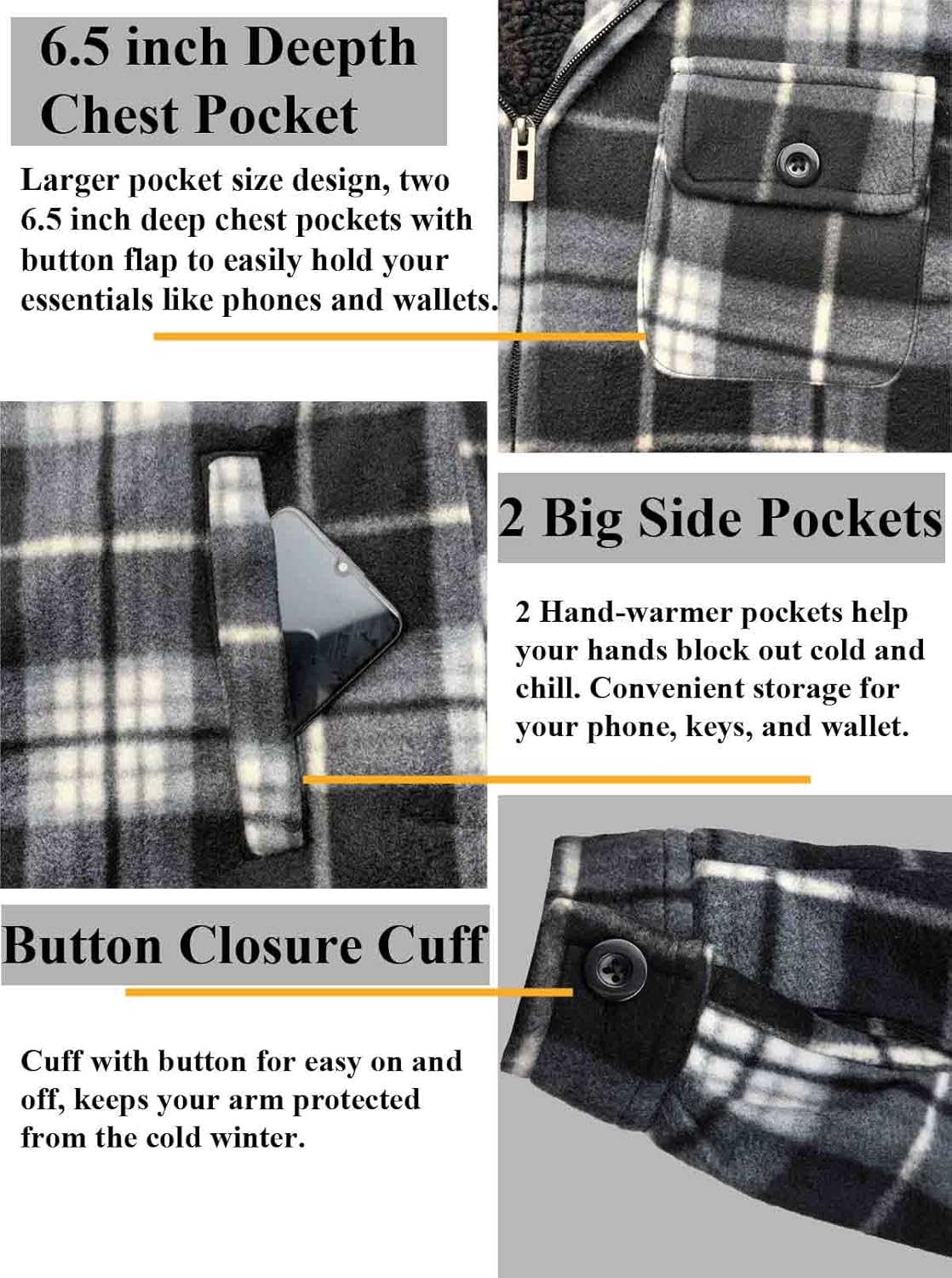 Heavyweight Hoodies for Men Zip Up Sweatshirts Plaid Flannel Sherpa Fleece Lined Winter Jacket Warm Coat - Image 5