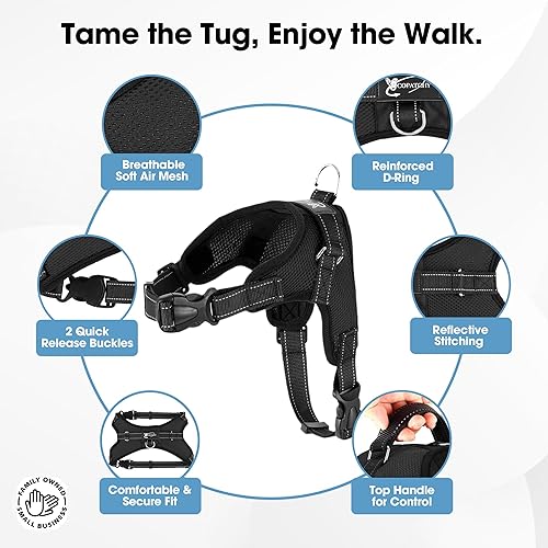 Miniatura 2 de Arnés ajustable reflectante para perro con asa evita tirones, M, Negro