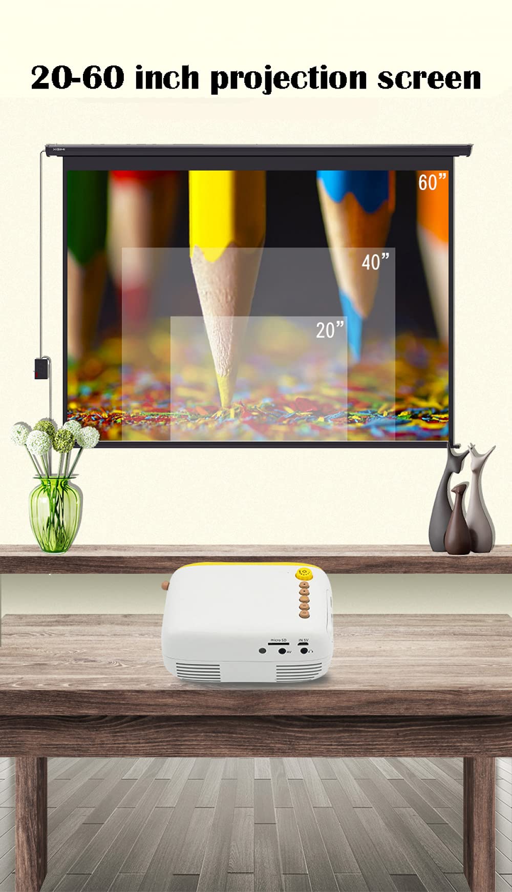 Siqi Mini Proiettore Video-Proiettore Portatile, Videoproiettore Multimediale Home Theater,Compatibile Con Full Hd 1080P Hdmi,Vga,Usb,Av,Laptop,Smartphone-White