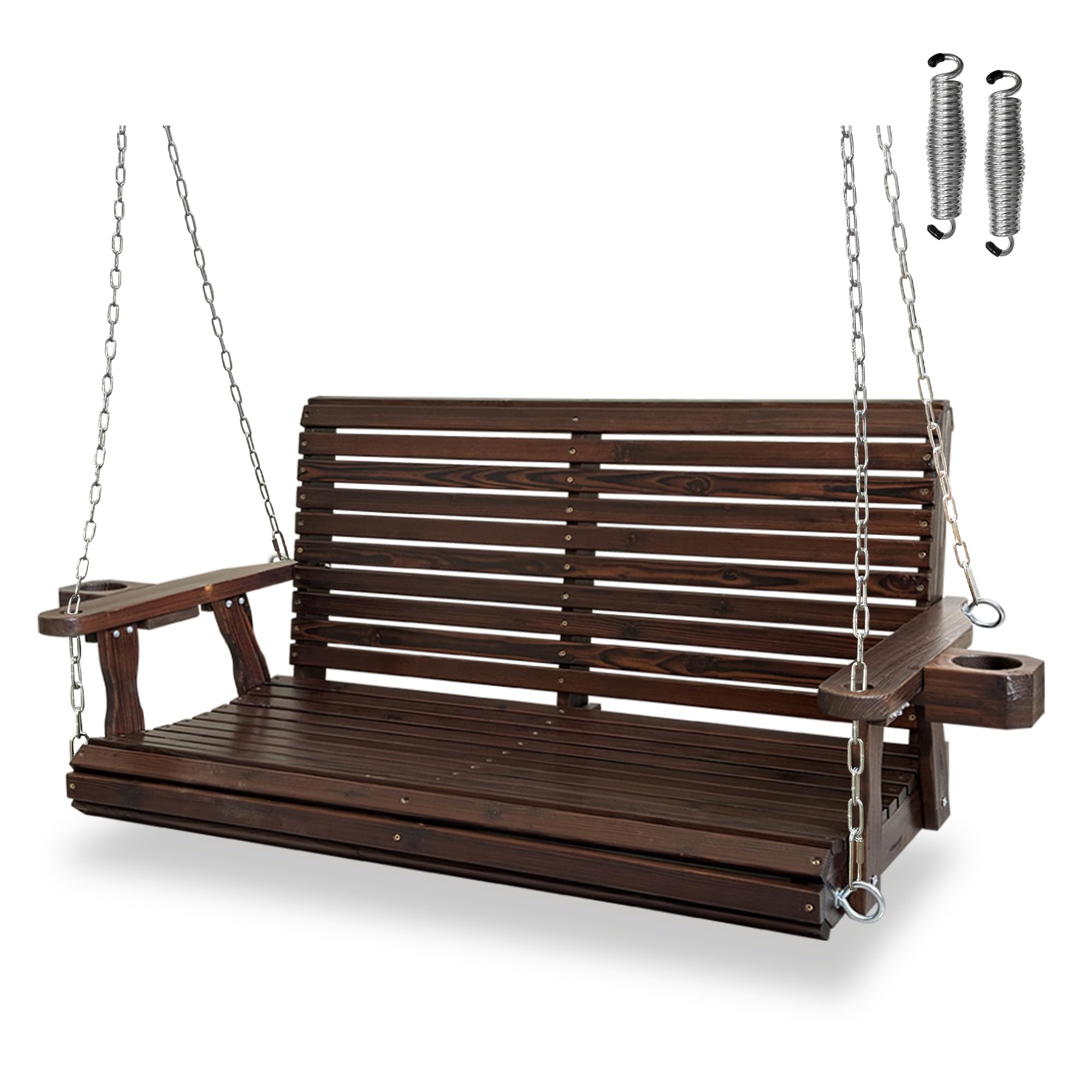 Wooden Porch Swing 2-Seater, High Backrest and Deep Seat, Bench Swing with Cupholders, Hanging Chains and...