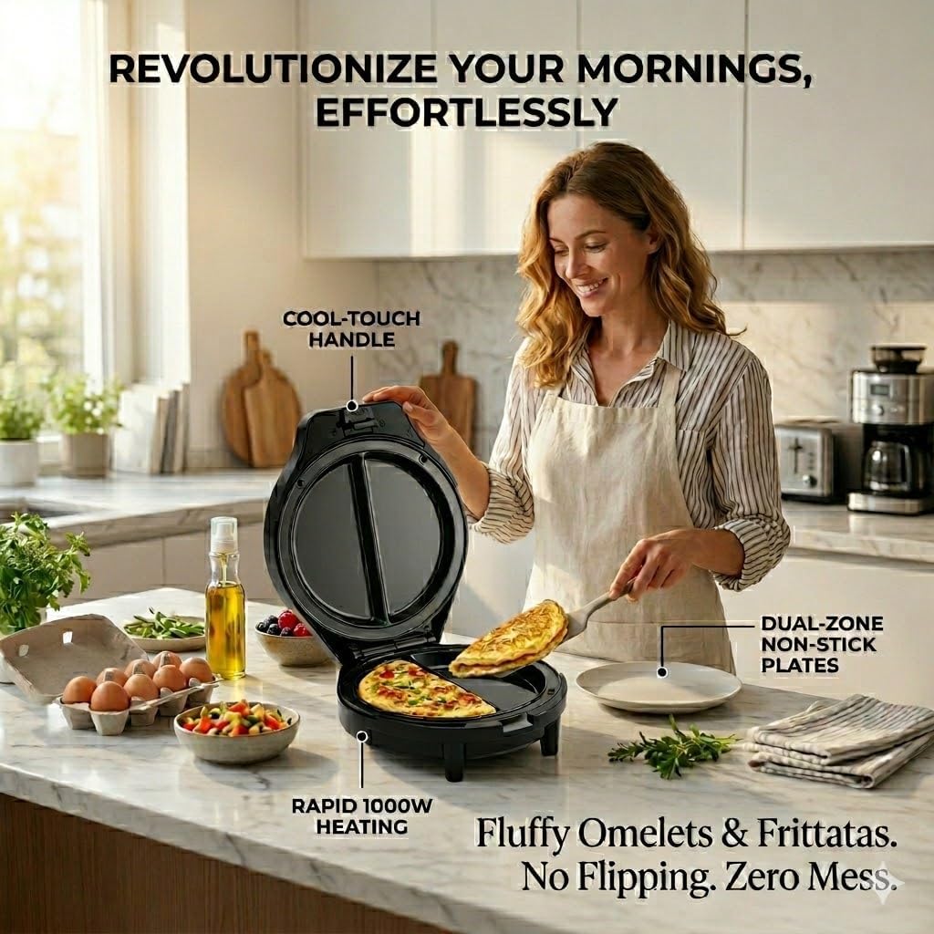 Omelette Maker Electric,Nonstick Omelette Pan, Dual-Zone Omlet Maker Easy To Clean Cooking Gadgets for Home Dorm&Travel