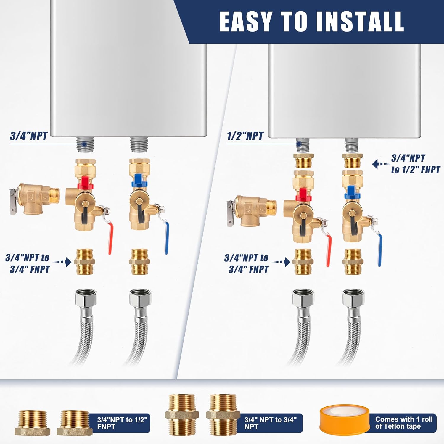 Isolator Tankless Water Heater Valve Kit - Premium 8-Piece All-Brass Flushing & Installation Set for Easy DIY or Pro Use in Garage, Basement, with Pressure Relief Valve (3/4" to 1/2" NPT)