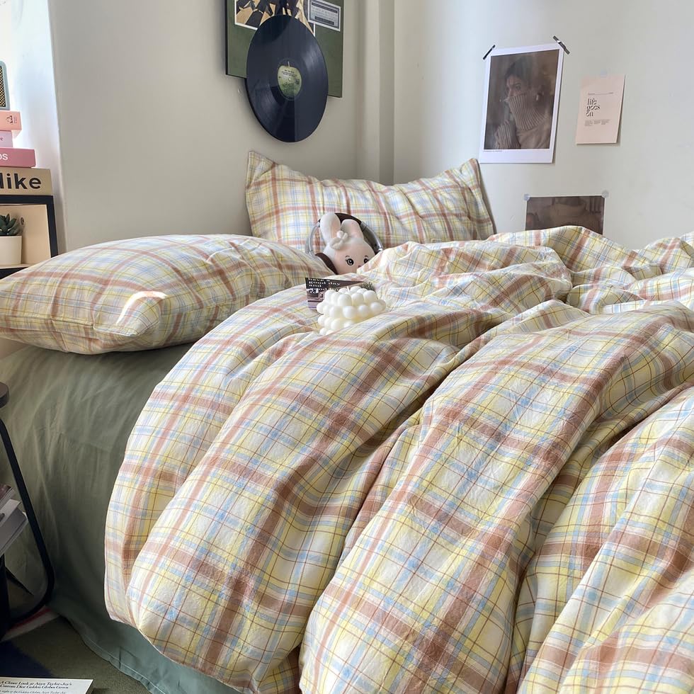 Image of EAVD Vintage Style Buffalo Plaid Duvet Cover Twin Size 3 Pieces Grid Plaid Bedding Set Soft 100% Washed Cotton Aesthetic Gingham Duvet Cover with 2 Pillowcases Colorful Grid Checkered Bedding Set