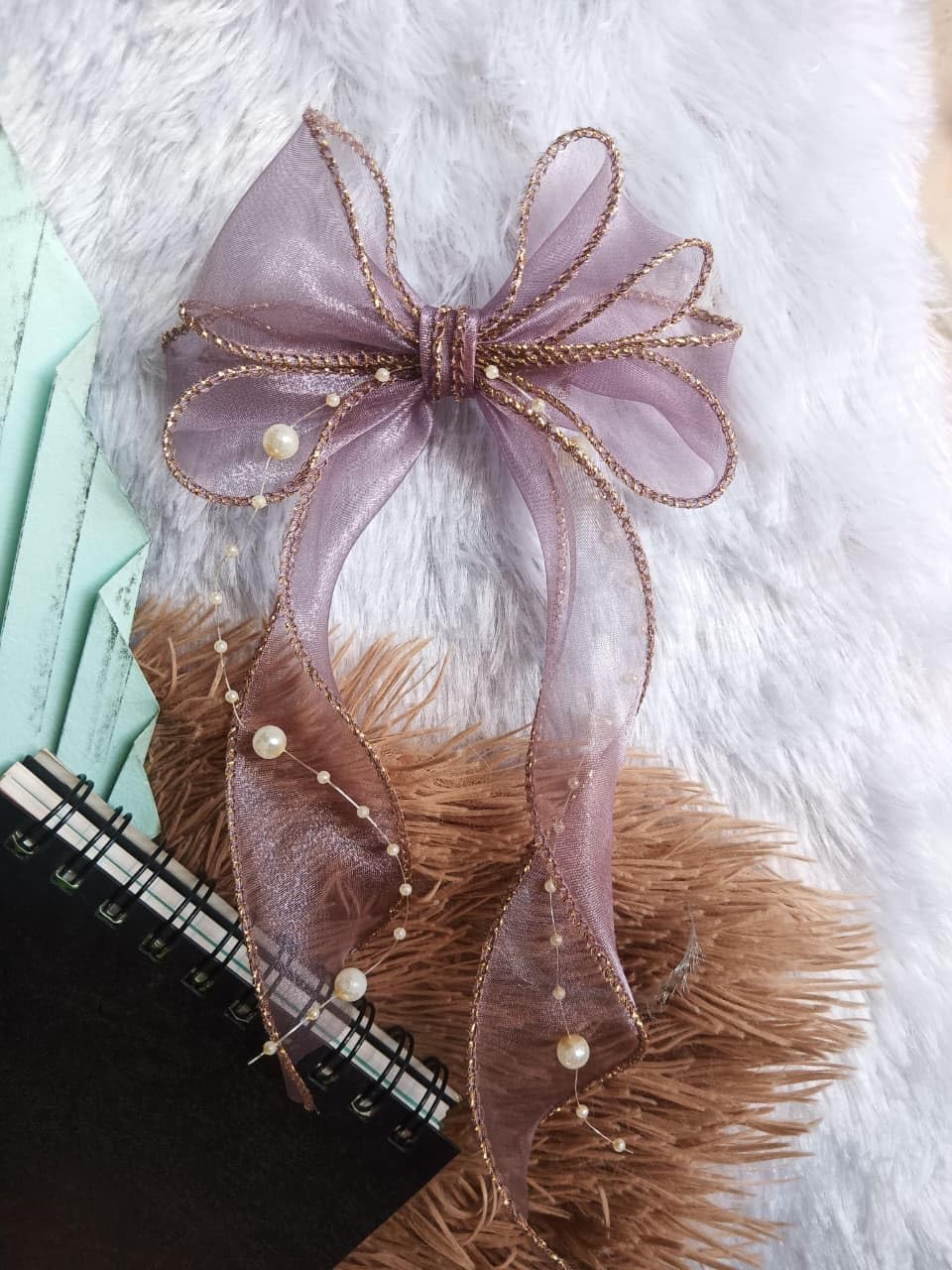 Princess Bow for Girls and Women | Pink Organza Hair Bow Clip with Pearls | Soft Ribbon Accessory for Hairstyles & Gifting (purple)-picture-41
