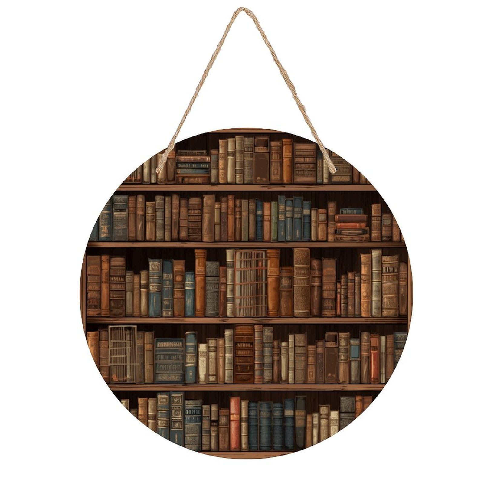 VstaDank Library Bookshelf Book Wall Decor Round Wood Hanging Sign 7.9x7.9 in Wooden Circle Door Hanger with Ropes, Rustic Wall Art Decor for Home Front Door Indoor Outdoor Decoration