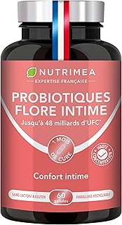 PROBIOTIQUE FLORE INTIME – 24 à 48 Milliards UFC – 3 Souches Lactobacillus & Vitamine B2 – Equilibre de la Flore Vaginale – Contre Mycoses & Cystites – 60 Gélules Vegan – Nutrimea – Fabriqué en France