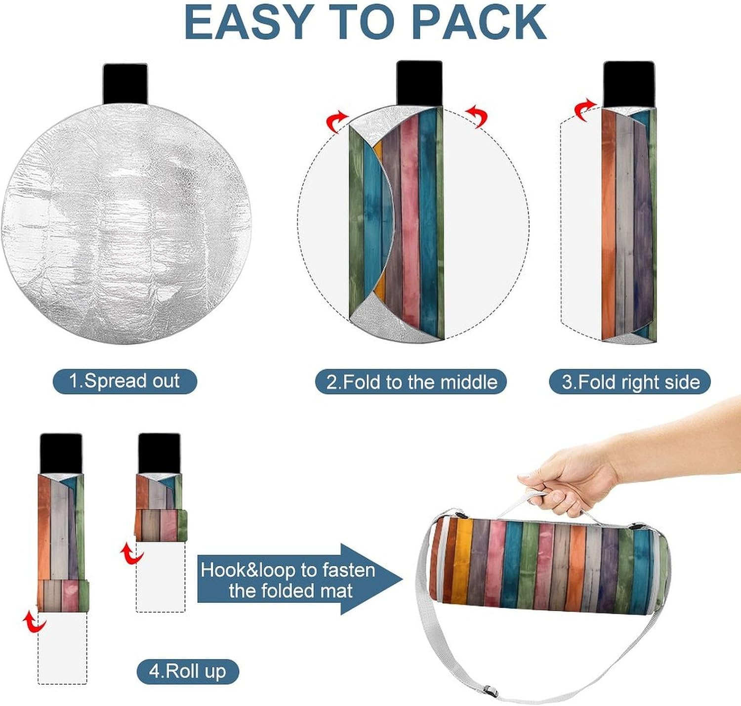 Colorful Wooden Board Round Outdoor Picnic Mat Foldable Waterproof Beach Camping Blanket Outdoor Rug with Sponge Padding