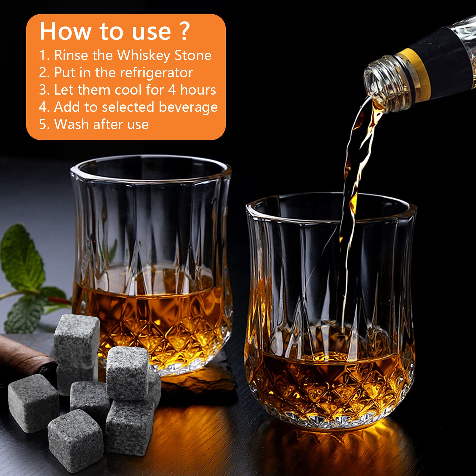 Ensemble Luxe Verres à Whisky – 2 Verres 300ml + 4 Pierres Dorées + Pinces + Sous-verres – Coffret Cadeau Bois – Idéal Cadeau Amateur Spiritueux