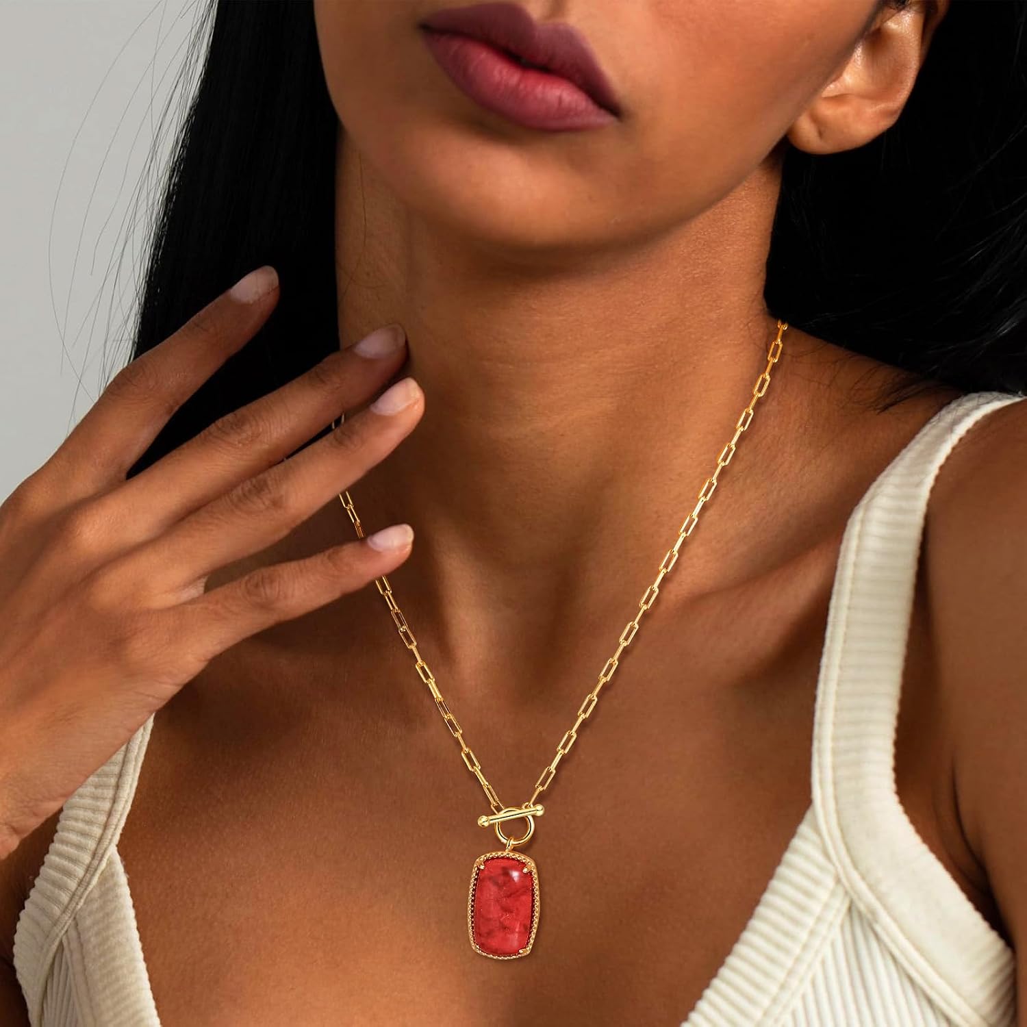 AIBAO Turquoise/Coral/Malachite/Lapis Lazuli Pendant Necklace for Women Sterling Silver Cushion Cut Gemstone Necklace Anniversary Valentines Birthday Jewelry Gift with Box