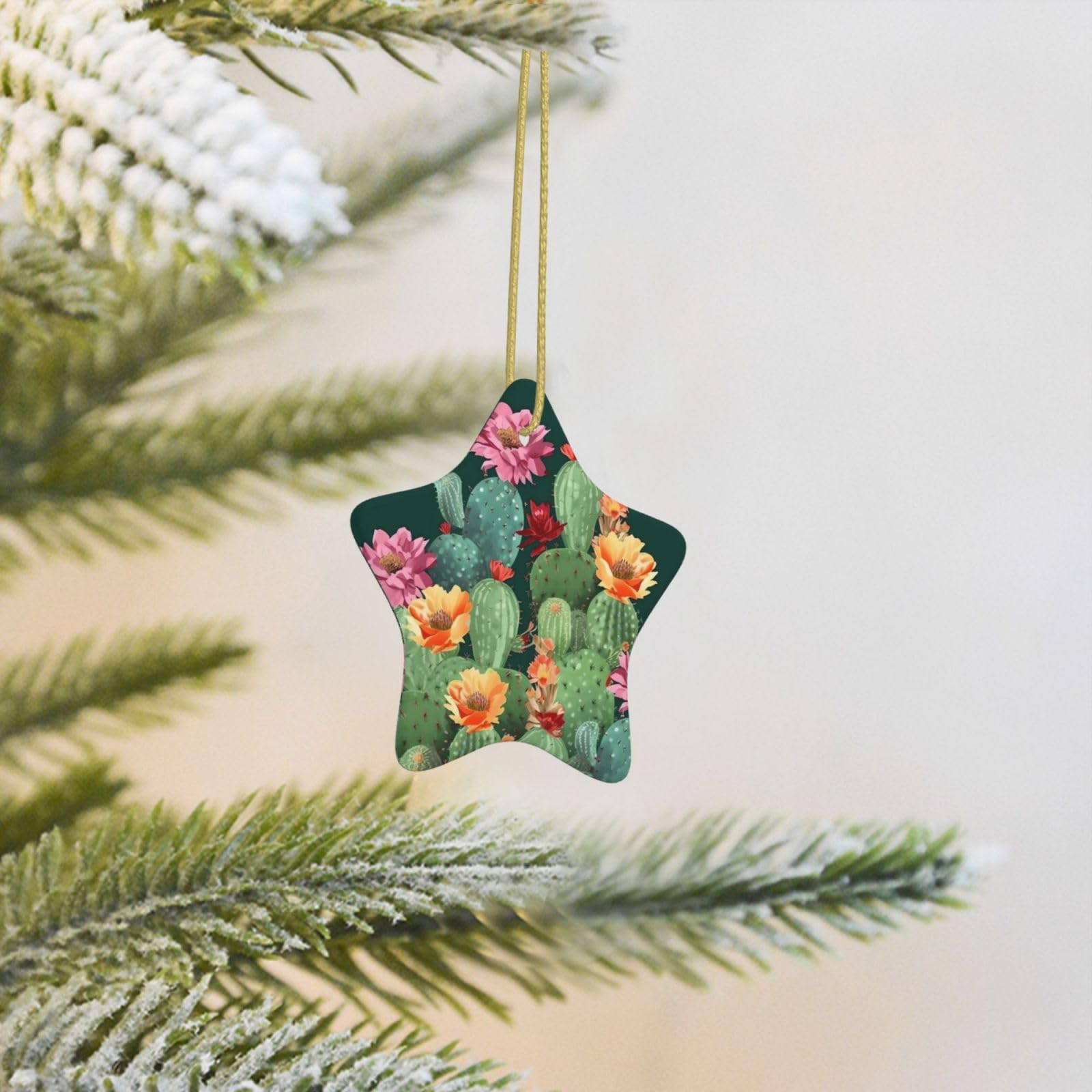 Christmas Tree Decoration Hanging Star Ornament Cactus Floral Bloom Ceramic Ornaments Christmas Tree Decorations Star Pendants for Xmas Tree Winter New Year Wedding Party Supplies