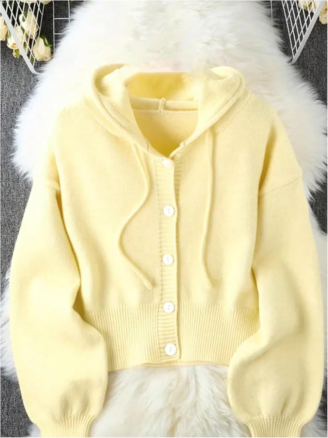 Verdusa Women's Button Up Hooded Cardigan Sweaters Lantern Sleeve Knit Outerwear Fall Outfits