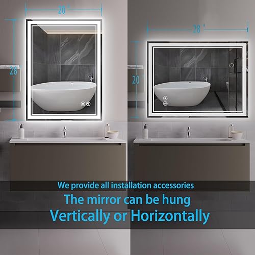 Miniatura 7 de Paquete de 2 espejos LED de baño de 20 x 28 pulgadas, espejo LED antivaho para baño, regulable, 3 colores, espejo de baño con luces LED, espejo de