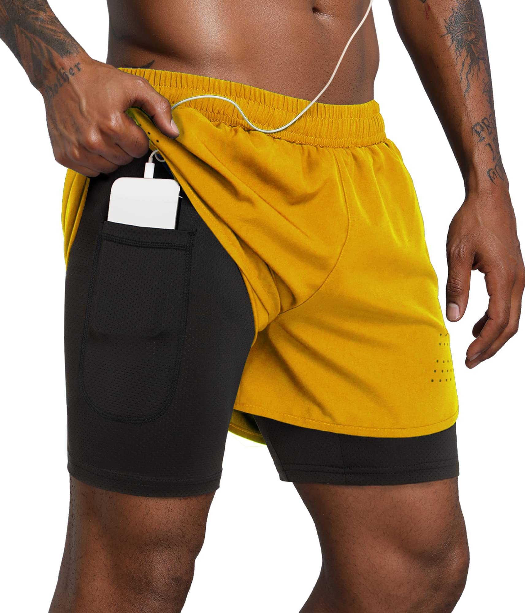 Lulucleaf Men's 2 in 1 Workout Running Shorts 5" Quick Dry Training Yoga Gym Short with Phone Pocket