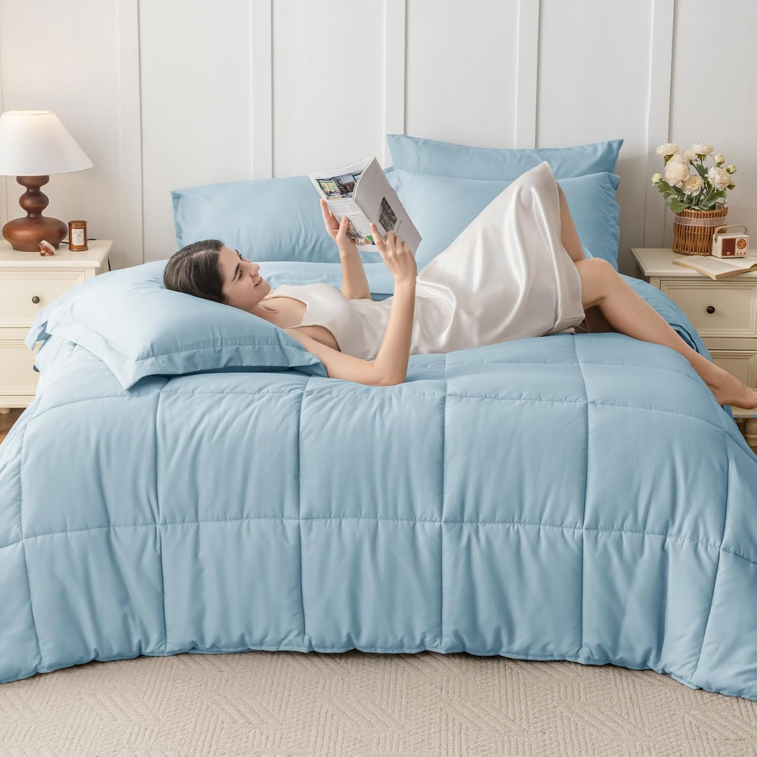 JOLLYVOGUE Twin Comforter Set, Ultra-Soft Bed in a Bag Twin Size 5 Pieces, Oeko-TEX Certified Bedding Set with Down Alternative Comforter, Sheets, Pillowcases & Shams, Lack Blue thumbnail